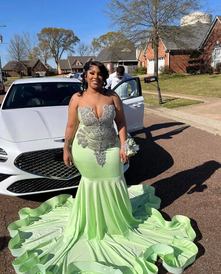 Mint Green Sparkly Mermaid Prom Ceremony Formal Dresses for Black Girl Luxury Diamond Evening Birthday Gala Dress Plus Size