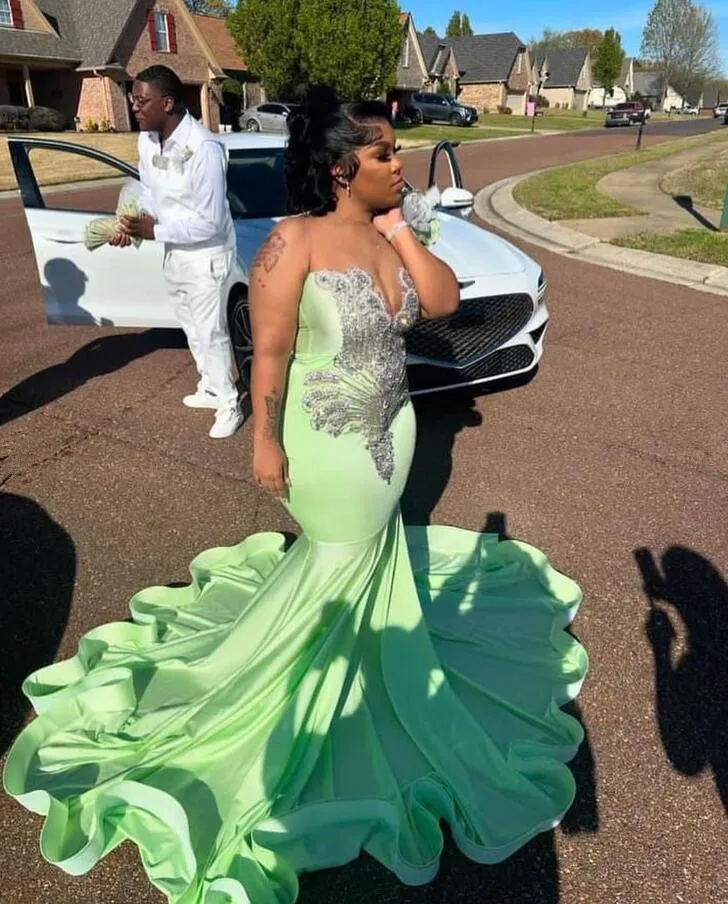 Mint Green Sparkly Mermaid Prom Ceremony Formal Dresses for Black Girl Luxury Diamond Evening Birthday Gala Dress Plus Size