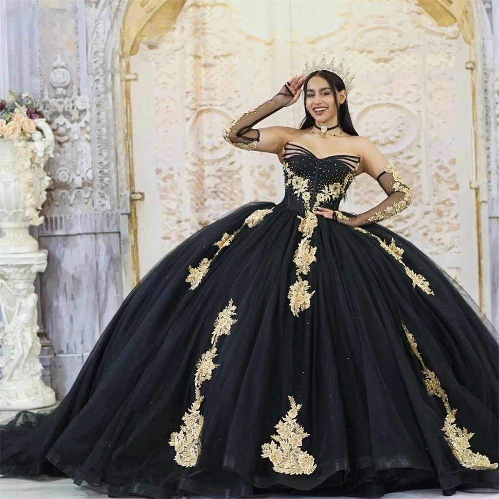 Black Charro Quinceanera Dresses Ball Gown V-neck Tulle Appliques Beaded Mexican Sweet 16 Dresses 15 Anos