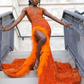 Orange Sparkly African Evening Reception Dresses for Women Luxury Diamond Crystal Feather Slit Prom Gown vestidos de fiesta