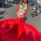 Red Sparkly Long Mermaid Evening Birthday Gala Dresses for Black Girl Luxury Diamond Crysstal Feather Prom Ceremony Dress