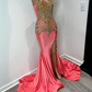 Watermelon Sparkly Long Prom Ceremony Dresses for Black Girl Gillter Diamond Crystal Slit Evening Birthday Gala Dress 2024