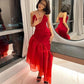 Red Mermaid Evening Dresses Deep V Neck Tiered Party Prom Dress for Women Ankle Length Special Occasion Gowns Dubai