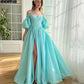 A-line Prom Dress Sweetheart Puff Sleeves Off Shoulder Formal Occasion Gowns High Side Slit Long Evening Dress for Women