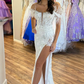 White Sequin Lace Mermaid Long Prom Gown with Feathers