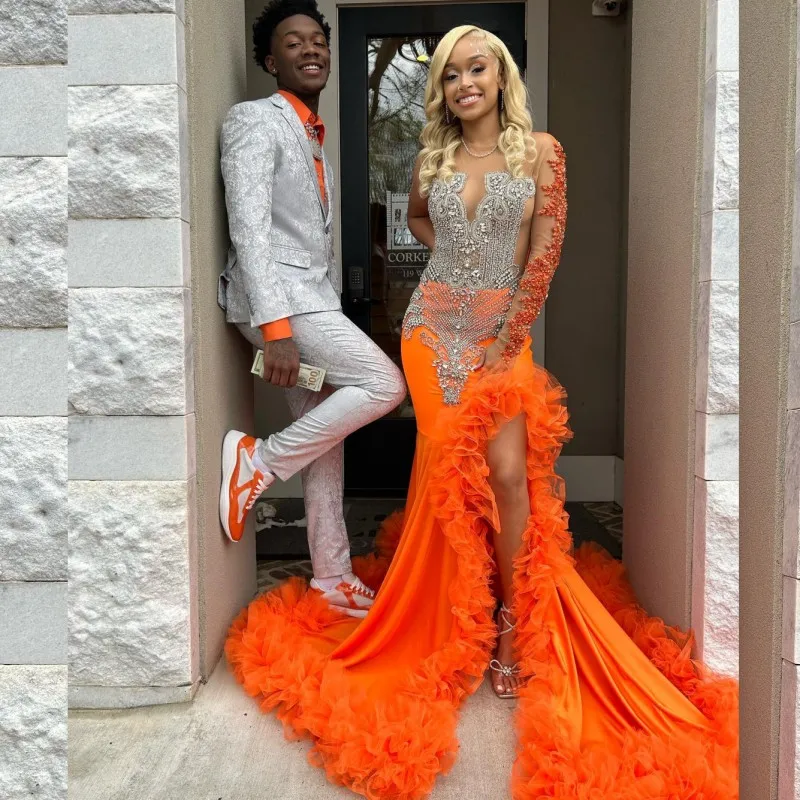 Luxury Split Orange Prom Dresses 2024 Black Girl Beading African Women Pageant Party Gowns One Shoulder Vestido De Graduación