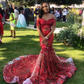 Elegant Red Sequin Prom Dresses Black Girls Off The Shoulder African Mermaid Party Gowns Short Sleeves robe de soirée femme