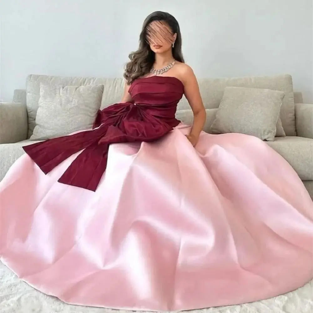 Satin A-line Strapless Ruffle Arab Prom Gown Bow Floor Length Saudi Evening Formal Elegant Party Dress for Women 2024