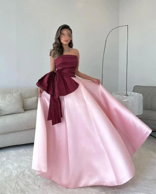 Satin A-line Strapless Ruffle Arab Prom Gown Bow Floor Length Saudi Evening Formal Elegant Party Dress for Women 2024