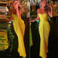 Bright Yellow Chiffon&Satin Pleats Long Prom Dresses Sweetheart Mermaid Floor Length Evening Gowns Women Party Dress