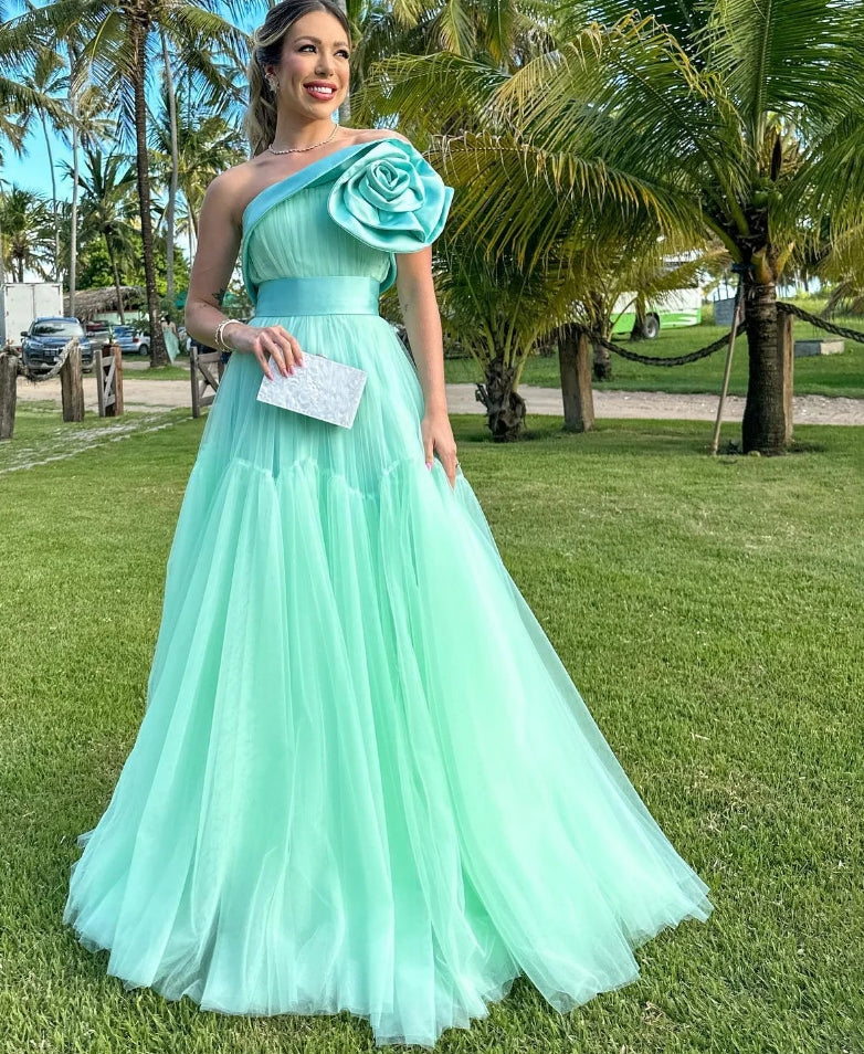 Mint Green Tulle A Line Prom Dresses One Shoulder 3D Flowers Formal Party Evening Dress Women Wedding Photography 2024