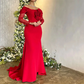 Elegant Red Evening Dresses Off the Shoulder Long Sleeves Handmade Flowers Mermaid Sweep Train Party Gowns for Women