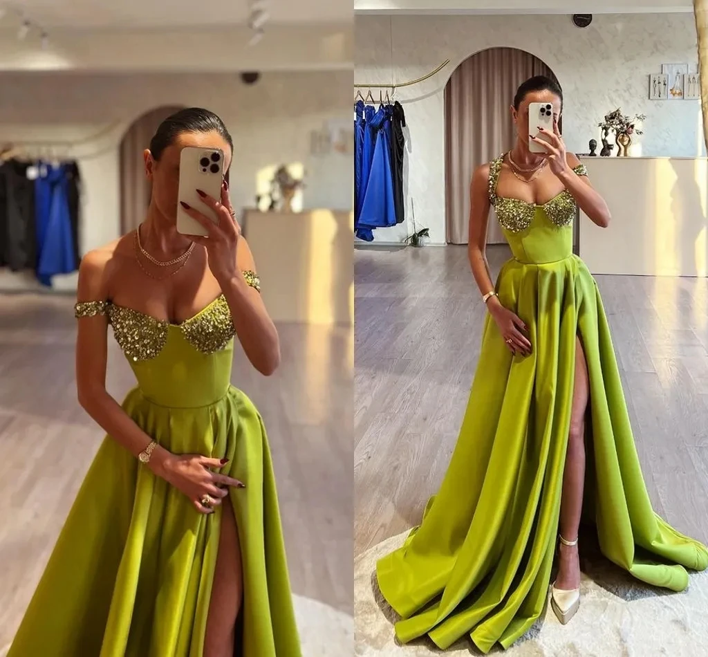 Sexy Green A Line Prom Dresses Long for Women Halter Neck Sequined Floor Length High Side Split Birthday Pageant Celebrity Dress