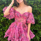 A Line Off the Shoulder Printed Mini Homecoming Dress Puffy Sleeves Wedding Dress A-line Graduation vestidos coctel elegante