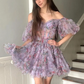 A Line Off the Shoulder Printed Mini Homecoming Dress Puffy Sleeves Wedding Dress A-line Graduation vestidos coctel elegante