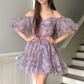 A Line Off the Shoulder Printed Mini Homecoming Dress Puffy Sleeves Wedding Dress A-line Graduation vestidos coctel elegante