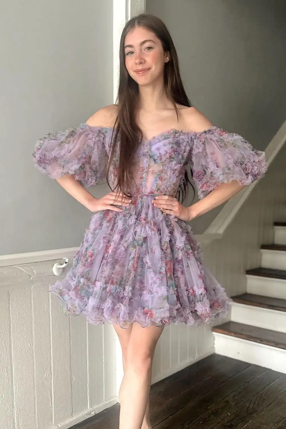 A Line Off the Shoulder Printed Mini Homecoming Dress Puffy Sleeves Wedding Dress A-line Graduation vestidos coctel elegante