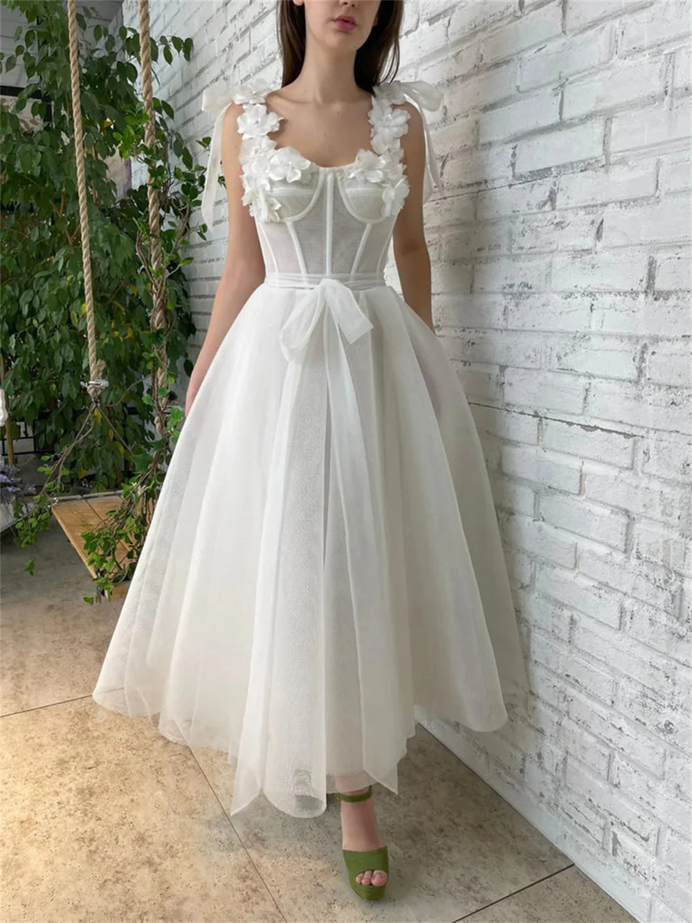 Spaghetti Straps 3D Flower Strapless Homecoming Dress With Teens Sleeveless Backless Formal Evening A-line Tea-length Ball Gowns