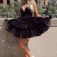 Spaghetti Strap Tiered Ruffles Homecoming for Teens Tulle Corset Pleated A-line Short Formal Gown Sleeveless Backless Prom Dress