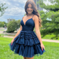 Spaghetti Strap Tiered Ruffles Homecoming for Teens Tulle Corset Pleated A-line Short Formal Gown Sleeveless Backless Prom Dress