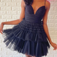 Spaghetti Strap Tiered Ruffles Homecoming for Teens Tulle Corset Pleated A-line Short Formal Gown Sleeveless Backless Prom Dress