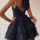 Spaghetti Strap Tiered Ruffles Homecoming for Teens Tulle Corset Pleated A-line Short Formal Gown Sleeveless Backless Prom Dress