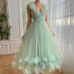 Off-the-shoulder V-neck 3D Flower Cocktail Dresses Corset Sashes Sleeveless Graduation Gowns A-Line Tea-length Formal Prom Gowns