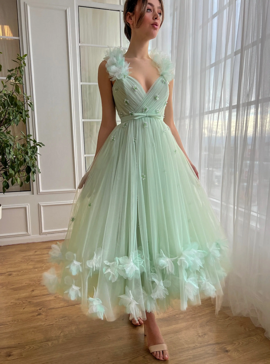 Off-the-shoulder V-neck 3D Flower Cocktail Dresses Corset Sashes Sleeveless Graduation Gowns A-Line Tea-length Formal Prom Gowns