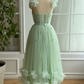 Off-the-shoulder V-neck 3D Flower Cocktail Dresses Corset Sashes Sleeveless Graduation Gowns A-Line Tea-length Formal Prom Gowns