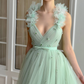 Off-the-shoulder V-neck 3D Flower Cocktail Dresses Corset Sashes Sleeveless Graduation Gowns A-Line Tea-length Formal Prom Gowns