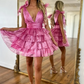 V-Neck Tiered Ruffle Short Homecoming Dress Skinny Sweet Lace Solid Puffy Birthday Capet Cocktail Party Ball Gown for Teens