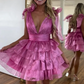 V-Neck Tiered Ruffle Short Homecoming Dress Skinny Sweet Lace Solid Puffy Birthday Capet Cocktail Party Ball Gown for Teens