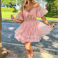 Off Shoulder A-line Sweetheart Mini Tulle Homecoming Dresses Short Puffy Sleeve Prom Dress Tiered Ruffles Cocktail Party Gowns