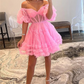 Off Shoulder A-line Sweetheart Mini Tulle Homecoming Dresses Short Puffy Sleeve Prom Dress Tiered Ruffles Cocktail Party Gowns