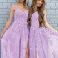 Tulle Lace Appliques Ball Gown Teens Spaghetti Straps Sparkly Prom Dress Long V Neck Formal Evening Party Dresses