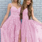 Tulle Lace Appliques Ball Gown Teens Spaghetti Straps Sparkly Prom Dress Long V Neck Formal Evening Party Dresses