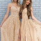 Tulle Lace Appliques Ball Gown Teens Spaghetti Straps Sparkly Prom Dress Long V Neck Formal Evening Party Dresses