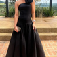 Classy Long Black One Shoulder Satin Prom Dress With Flower A-Line Sleeveless Evening Dresses for Women 2024 Pleated Party Gown