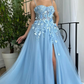 Spaghetti Strap Lace Appliques Prom Gown A-Line Sweetheart High Slit Floor Length for Women and Junior Graduation Party Dresses