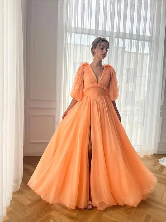 Women's V Neck Puffy Sleeve Prom Dresses Open Back Long Chiffon High Slit Formal Party Gown with Pockets