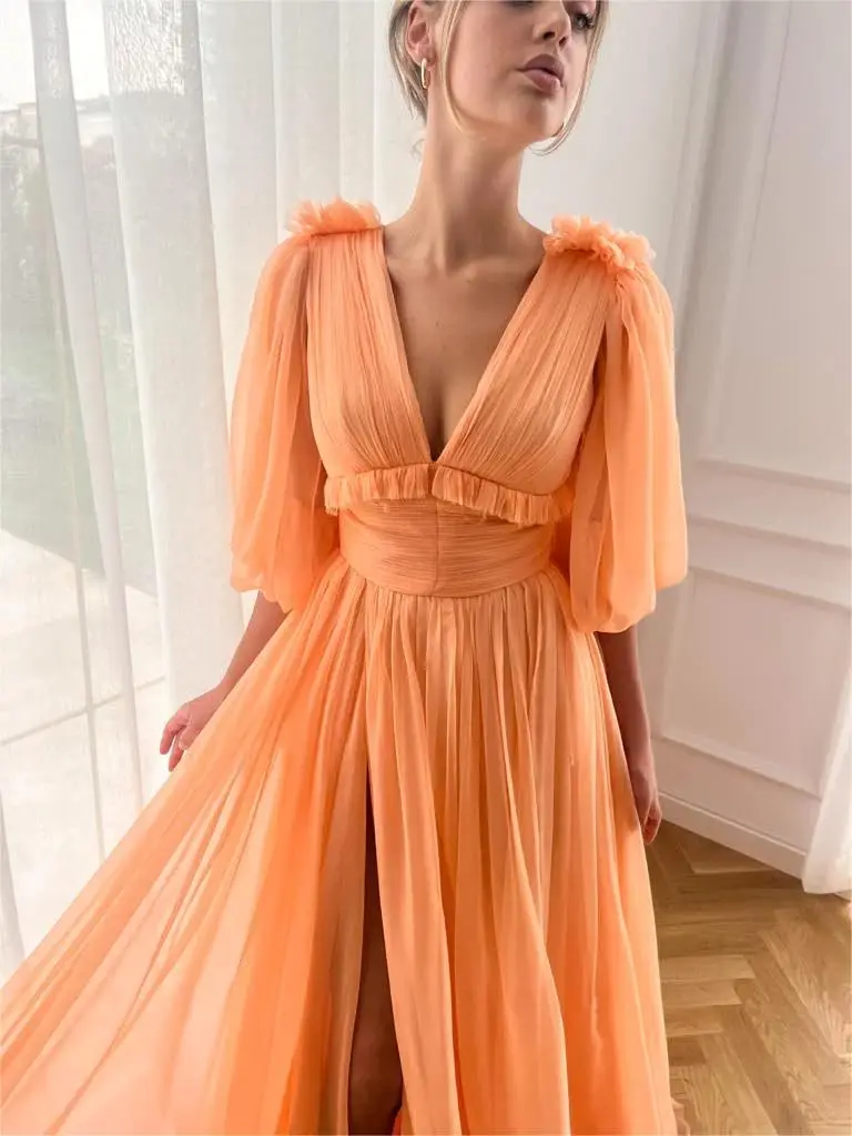 Women's V Neck Puffy Sleeve Prom Dresses Open Back Long Chiffon High Slit Formal Party Gown with Pockets