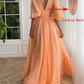 Women's V Neck Puffy Sleeve Prom Dresses Open Back Long Chiffon High Slit Formal Party Gown with Pockets