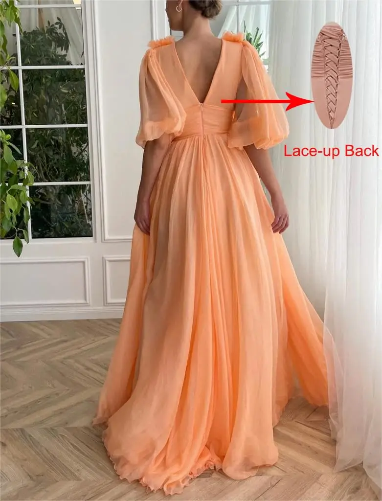 Women's V Neck Puffy Sleeve Prom Dresses Open Back Long Chiffon High Slit Formal Party Gown with Pockets