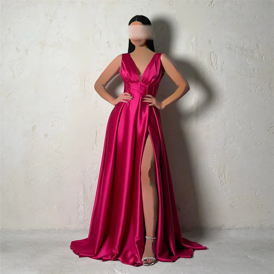 Simple Elegant Modern Floor-length Sleeveless Evening Dresses For Woman V-Neck Satin Prom Gowns Side Split A-Line Party Dress