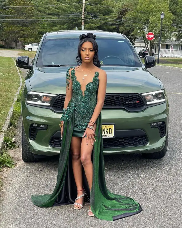 Emerald Green Short Prom Homecoming Dresses with Overskirt Sparkly Diamond Black Girl Birthday Gown vestidos de graduación