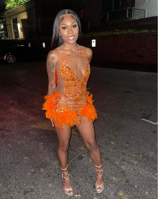 Orange Sparkly Short Prom Homecoming Dresses for Black Girl 2024 Sheer Mesh Luxury Diamond Feather Evening Birthday Gala Gown