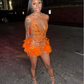 Orange Sparkly Short Prom Homecoming Dresses for Black Girl 2024 Sheer Mesh Luxury Diamond Feather Evening Birthday Gala Gown