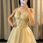 Women's Glitter Tulle Sleeveless V-Neck Short Prom Dress 3D Flowers Spaghetti Straps Formal Party Homecoming Dresses With Teens