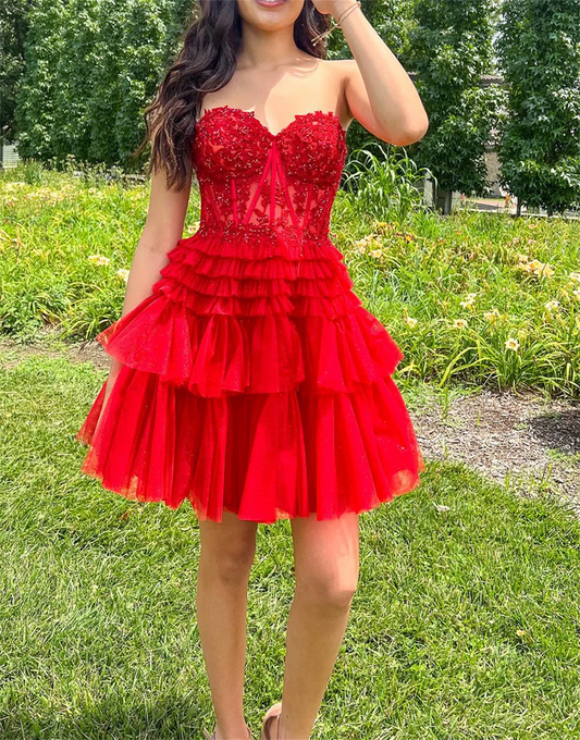 Sweetheart Tiered Ruffles Sequins Homecoming Dresses Lace Appliques Sleeveless Graduation Dress A-line Short Formal Prom Gowns