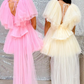 Plunge V-Neck Short Tulle Homecoming Dress with Flutter Sleeves Bow Back Cocktail Dress Knee Length Party Dress Wedding Dresses